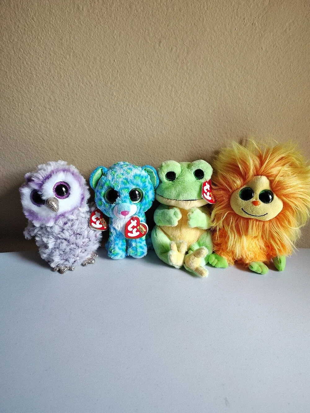 Ty Beanie Boos Lot of 4 Owl Leopard Frog Frizzys Monster Plush Stuffed Animals